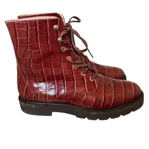 Stuart Weitzman Mila Lift Croc-Embossed Leather Bootie, Size 10.5